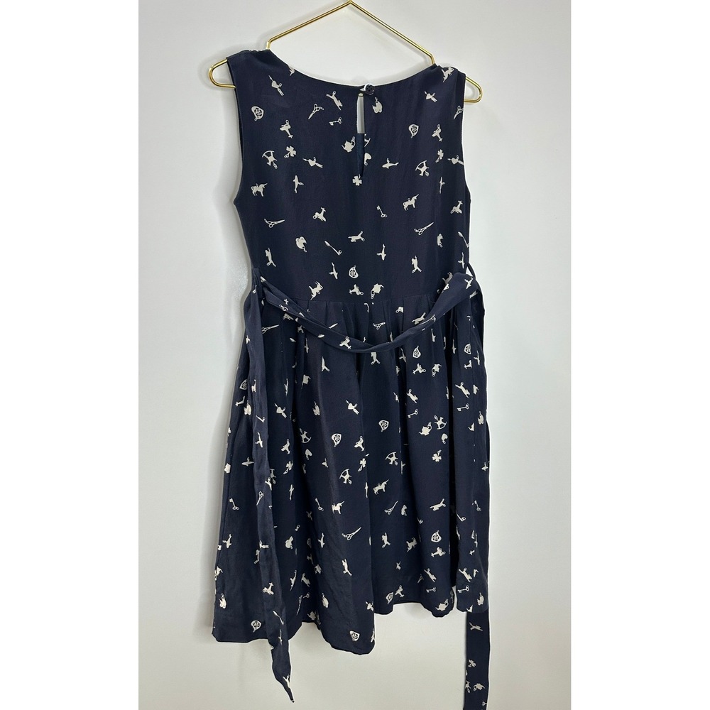 Rachel Riley Silk Dress Girls Size 7 Navy Toy Print Sleeveless Pleated Tie Waist - Picture 9 of 15